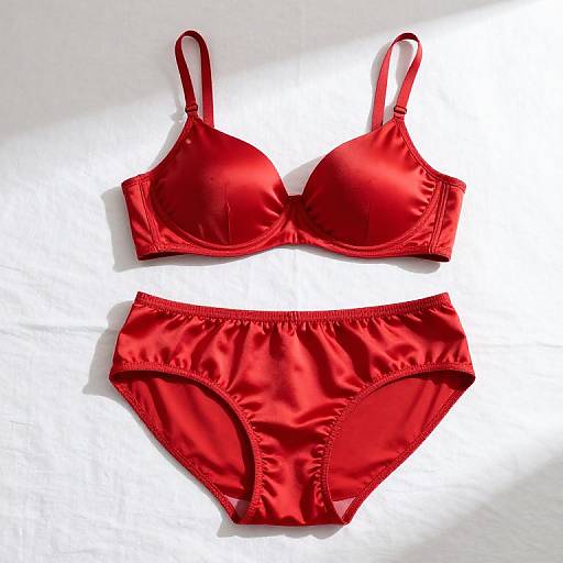 Photograph of a vibrant red satin bra and matching high-waisted panties, both with smooth, shiny texture, set against a plain white background.