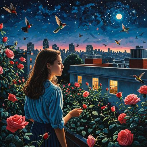 Young Woman in City Rooftop Rose Garden at Twilight