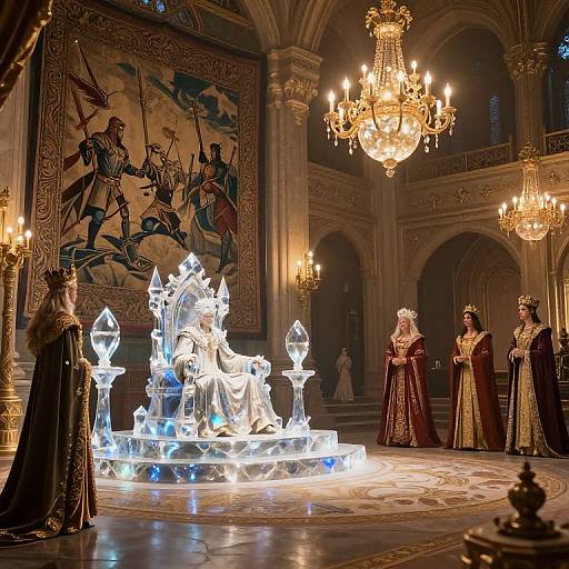 Photograph of a grand hall with ornate chandeliers, illuminated ice sculpture, and five regally dressed individuals in elaborate medieval-style gowns.