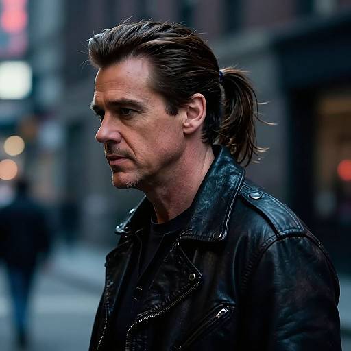 Photograph of a serious middle-aged man with brown hair in a ponytail, wearing a black leather jacket, standing on a city street at night.