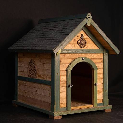 Photograph of a wooden doghouse with green trim, arched door, small window, shingled roof, and dark background. Wood grain visible