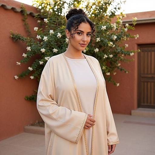 Photograph of a young woman with dark curly hair in a bun, wearing a cream robe with gold trim, standing in front of a red stucc
