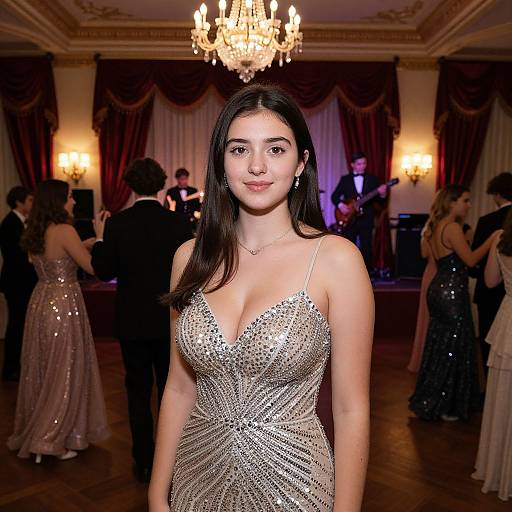 Photograph of a young woman with long dark hair, wearing a sparkling silver, deep V-neck dress, standing in an elegant ballroom with chandelier