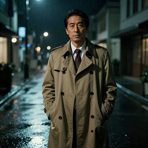 Photograph of an Asian man in a green trench coat, white shirt, and dark tie standing on a wet, illuminated street at night. Raindrops