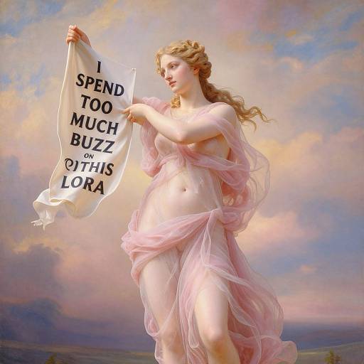 Digital painting of a nude, fair-skinned, blonde woman with soft pink drapery holding a white flag with black text 