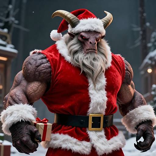 Muscular demonic Santa Claus with horns, white beard, red velvet suit, and fur trim, holding gift, in snowy, dark urban setting.