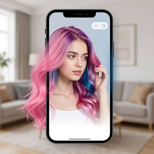 Photograph of a young woman with vibrant pink and blue ombre hair, wearing a white top, displayed on a smartphone screen in a bright,