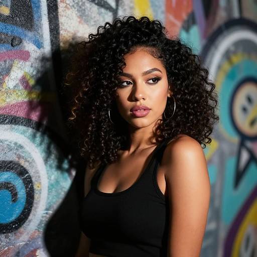 Photograph of a beautiful Black woman with curly hair, wearing a black tank top, standing in front of colorful, graffiti-covered wall.