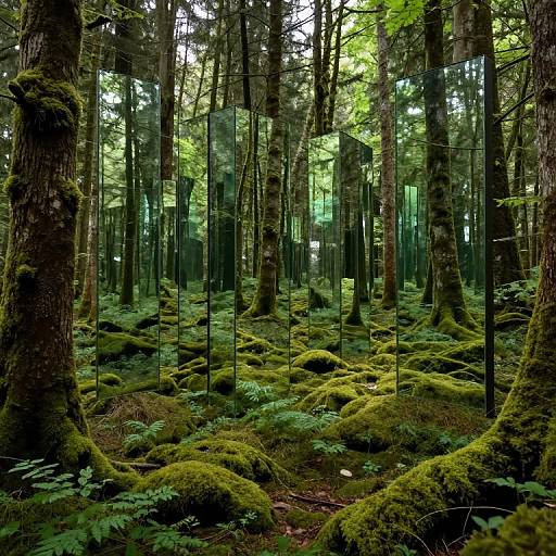 Photograph of a dense forest with moss-covered trees, green ferns, and vertical glass panels interspersed among the trees, creating a modern,