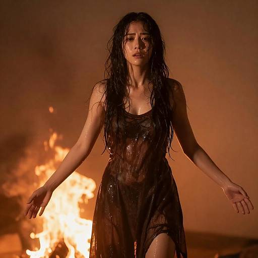 Woman in soaked dress standing by fire