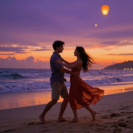 Photograph of a silhouetted couple dancing on a beach at sunset, with purple and orange sky, ocean waves, and glowing lanterns.