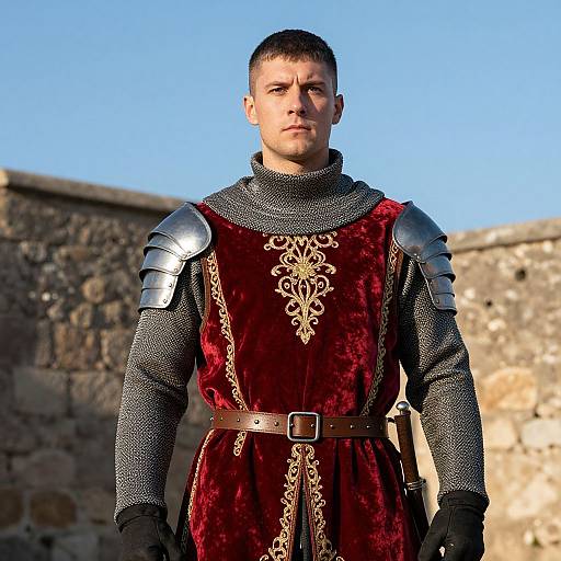 Photorealistic CGI of a serious, short-haired male knight in silver armor and red velvet tunic with gold embroidery, standing in front of a stone