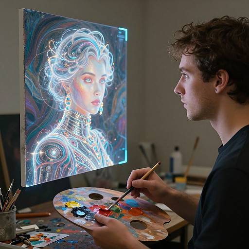 Artist with curly brown hair, black shirt, painting digital portrait of futuristic woman with glowing white hair and jewelry on canvas.