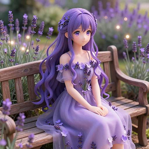 Anime-style digital artwork of a purple-haired girl with violet eyes, wearing a lavender dress adorned with flower patterns, sitting on a wooden bench in a vibrant