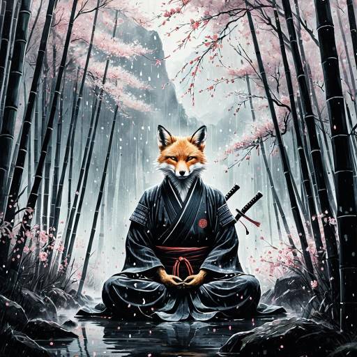 Mystical Fox Samurai Meditating in Bamboo Forest
