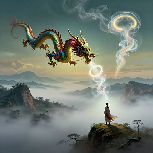 Digital art: Silhouetted figure on cliff, facing colorful, dragon emitting ethereal smoke ring against misty mountain backdrop at sunrise.
