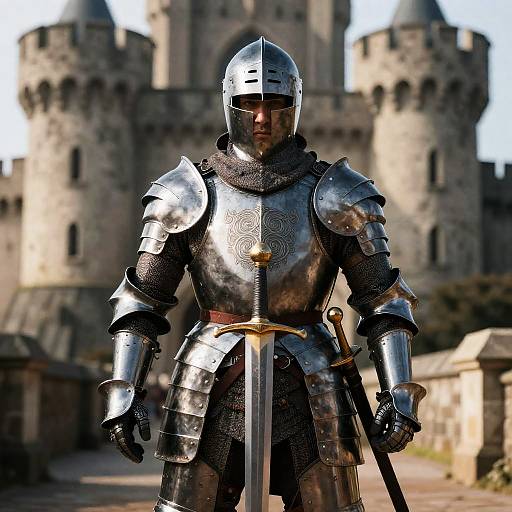 Photorealistic digital artwork of a medieval knight in shiny, ornate armor with a sword, standing before a castle. Sunlight highlights armor details.