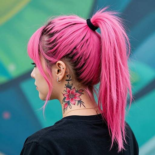 Photograph of a woman with bright pink, high-ponytail hair, black shirt, visible flower tattoo on her neck, and blue-green blurred