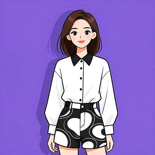 Digital anime-style drawing of a smiling woman with brown hair, white button-up shirt, black collar, and black shorts with white circular patterns, against a