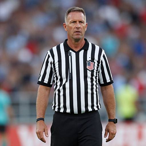 Photograph of a middle-aged male soccer referee with short gray hair, wearing a black-and-white striped shirt, standing in a blurred stadium crowd. American