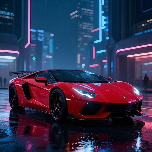 Photorealistic CGI of a sleek, red Lamborghini Veneno with glowing headlights, parked on a reflective, rain-soaked street at night, surrounded