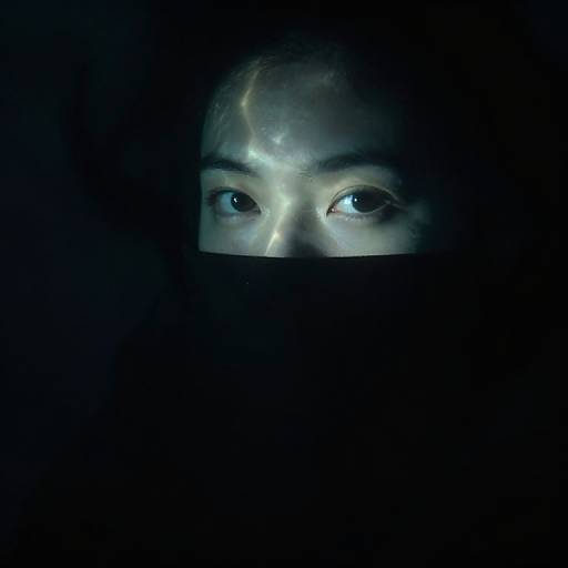 Photograph of a person's eyes partially illuminated in dark, with a focused, intense expression, wearing a black face mask.