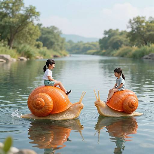 Photograph of two Asian girls with black hair, wearing white shirts and green shorts, riding large inflatable snails on a calm river with lush green trees