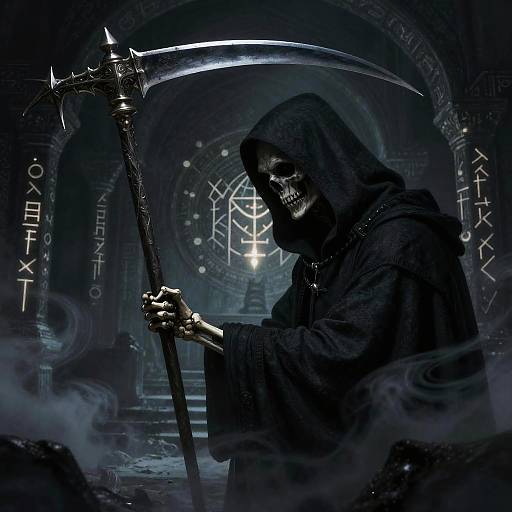 Dark, gothic digital artwork of a grinning skull-faced Grim Reaper in black hooded robes, holding a scythe, in a mystical, sm