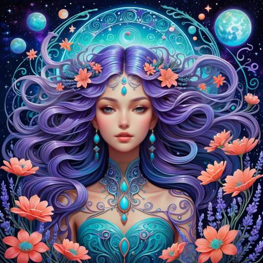 Fantasy Woman with Purple Hair and Floral Adornments
