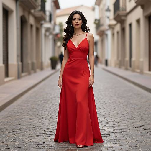 Photograph of a slender woman with long black hair, wearing a vibrant red, V-neck, floor-length satin dress, standing confidently on a cobble