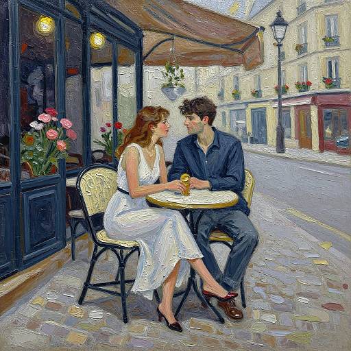 Impressionist-style digital painting of a romantic street café scene: a woman in a white dress and a man in a blue shirt sit at a small