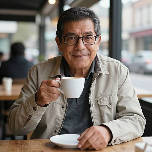Photograph of an older man with gray hair and glasses, wearing a beige jacket and gray shirt, smiling while holding a white coffee cup at a café