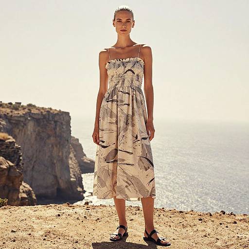 Photograph of a tall, slender woman in a white, floral sundress with black straps, standing on a rocky coastal cliff, ocean and cliffs in