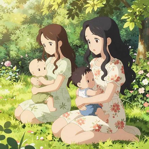 Anime-style digital illustration of two women with long black hair, wearing floral dresses, sitting on grass holding babies in a sunlit, leafy garden.