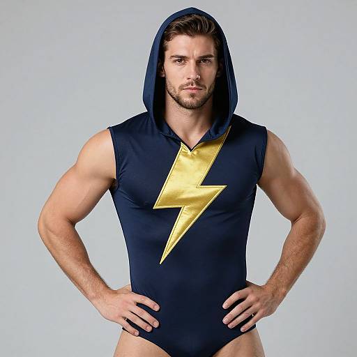 Photograph of a muscular, bearded man with light skin and brown hair, wearing a black hooded leotard with a gold lightning bolt,