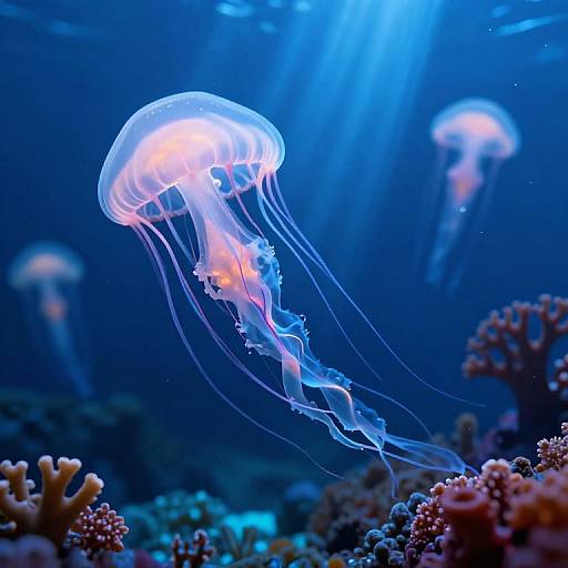 Photograph of glowing blue and orange jellyfish with translucent, flowing tentacles floating above vibrant coral reefs in a deep blue underwater ocean scene.