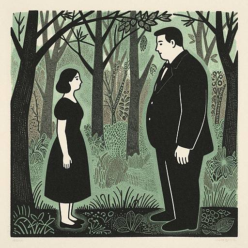 Silhouetted illustration of a man and woman standing in a forest, both in black clothing, facing each other, with detailed foliage background.