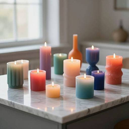 Photograph of a marble countertop with variously colored, lit candles (red, green, orange, blue, purple) in glass holders, softly