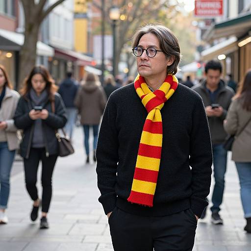 Photograph of a man with glasses and brown hair, wearing a black sweater and red-yellow striped scarf, walking in a busy urban street with blurred pedestrians