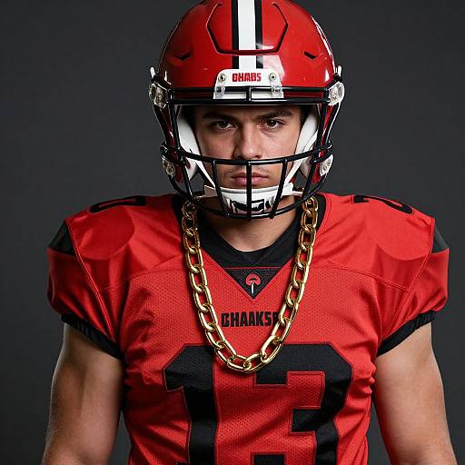 Football Player in Red Uniform with Gold Chain
