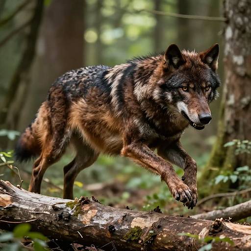 Photograph of a brown and black wolf with white speckles, mid-stride, crossing a moss-covered fallen log in a sunlit, dense