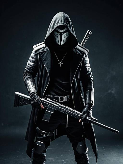 Man in Modern Assassin Costume with Hood and Weapons
