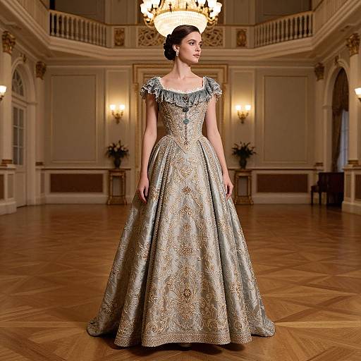Photograph of a elegant woman in a gold, intricately patterned ball gown with ruffled shoulders, standing in a grand, ornately decorated hall