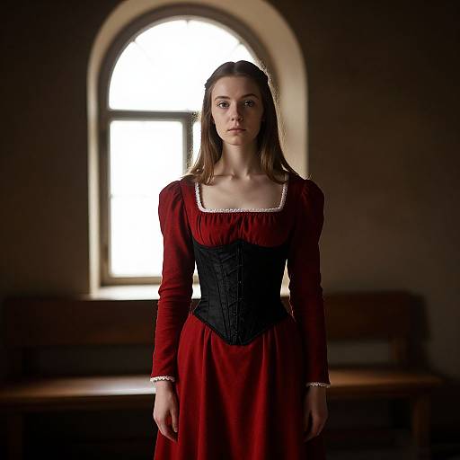 Photograph of a young woman with long brown hair, wearing a red dress with black corset, standing in a dimly lit room with a large