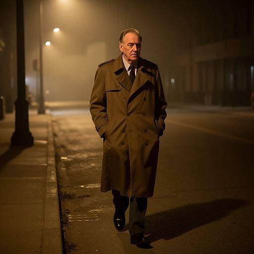Photograph of a stern, middle-aged man in a long, dark brown trench coat, walking alone on a foggy, dimly-lit,