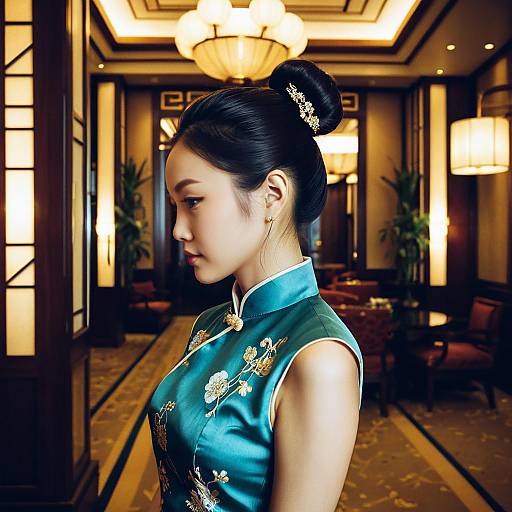 Asian Woman with Side Bun Hairstyle in Silk Cheongsam