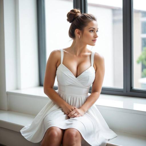 Young Woman in White Dress on Leather Sofa