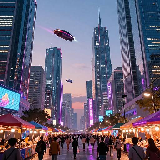Photograph of a bustling evening city market with futuristic flying cars, tall illuminated skyscrapers, and vibrant outdoor stalls under a twilight sky.