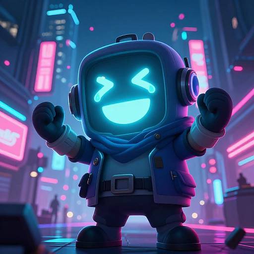 CGI image of a glowing blue robotic figure with a smiling face, neon cityscape background, blue scarf, raised fists, vibrant neon lights, futuristic