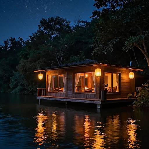 Photograph of a cozy wooden cabin with warm lanterns, illuminated by orange light, floating on a calm lake at night, surrounded by dense trees under